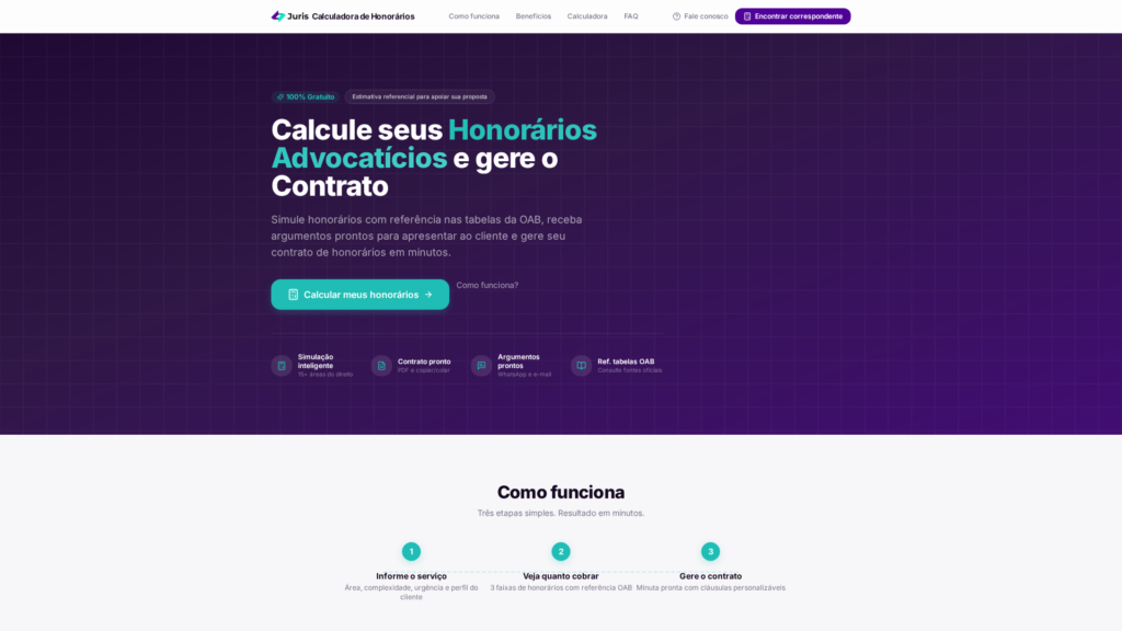 Imagem da Calculadora de Honorários Juris, ferramenta de simulação e geração de contratos.