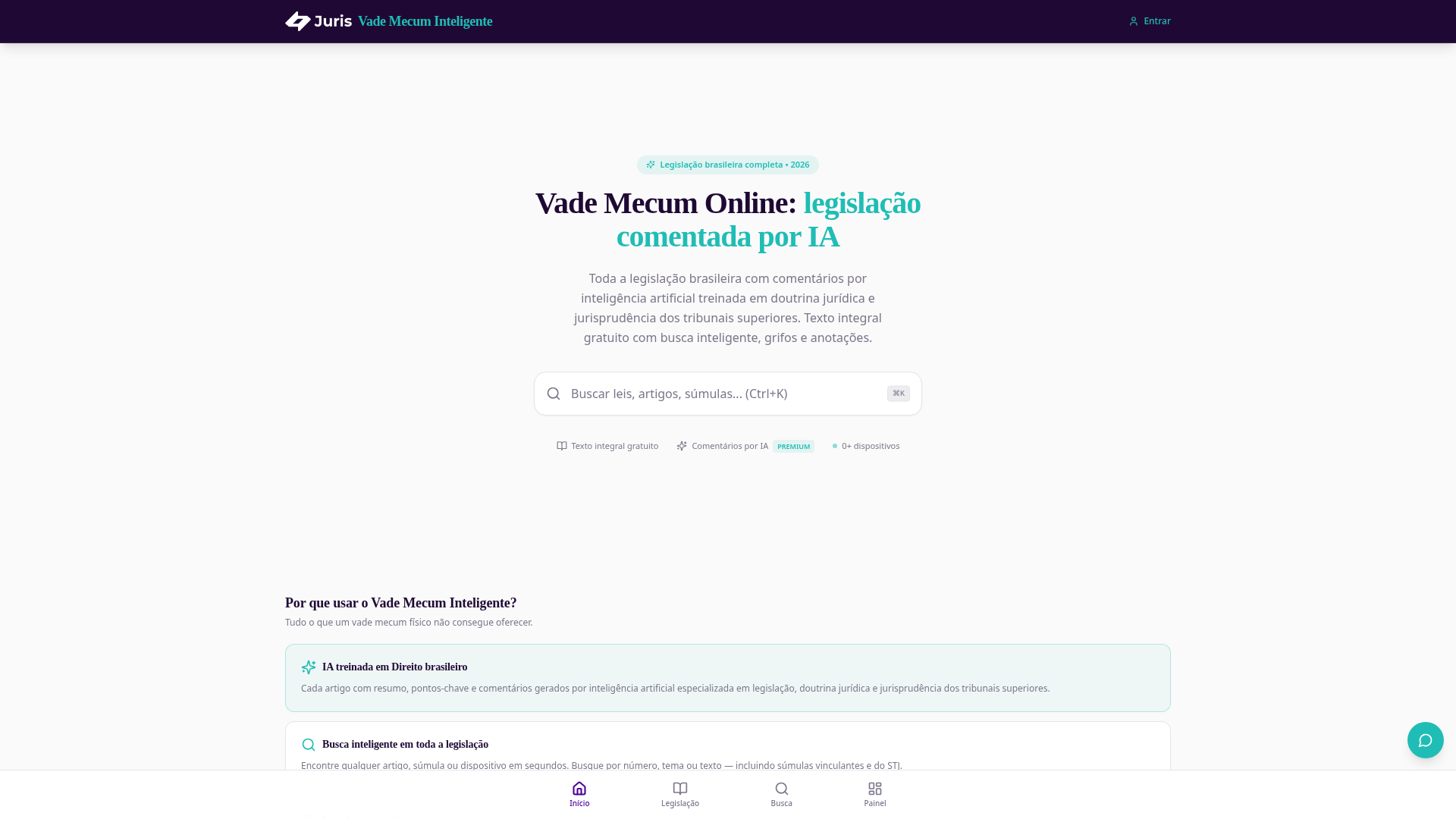 Imagem do Vade Mecum Inteligente, plataforma de consulta de legislação.